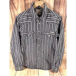 Lucky Brand Pearl Snap Men Shirt Long Sleeve Gray White Striped SMALL